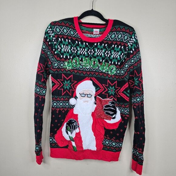 Holiday Time SANTA Ho Ho Ho Red Cup CHRISTMAS SWEATER size S - Picture 1 of 8